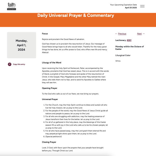 Universal Prayer Sample webpage